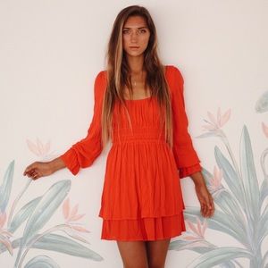FREE PEOPLE Red Dress Scoopneck Backless Cut-out Gathered Boho Ruched Tie XS